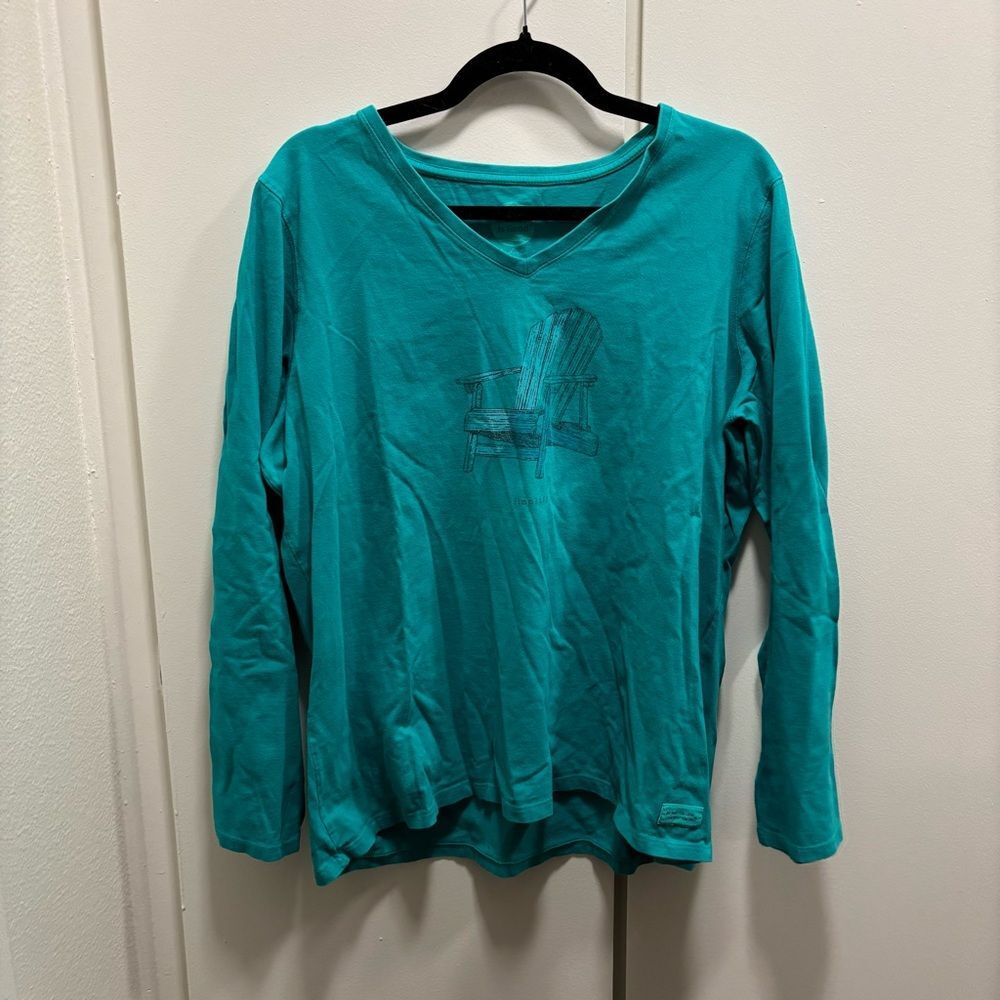 Life is Good Womenโs Sz XL Teal Crusher Tee Adirondack Simplify V-neck